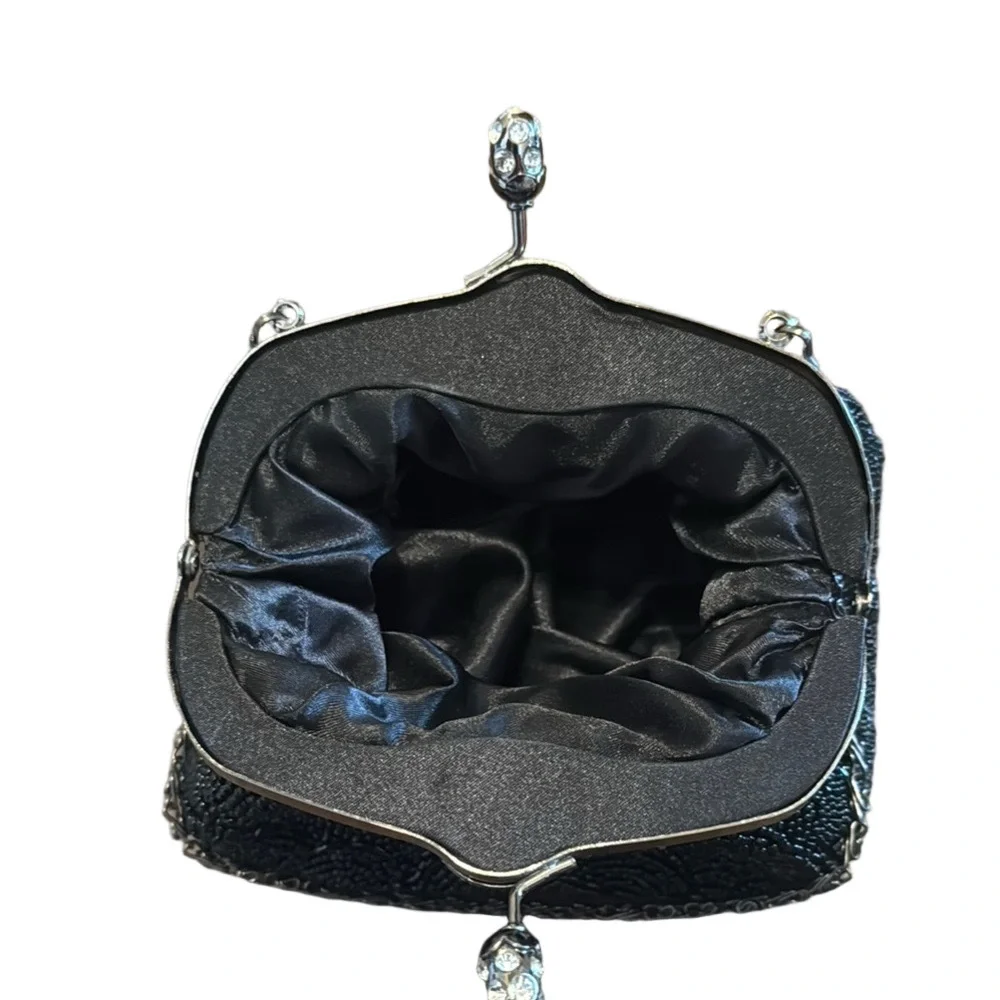 Black and Silver Beaded Clutch with Ornate Clasp